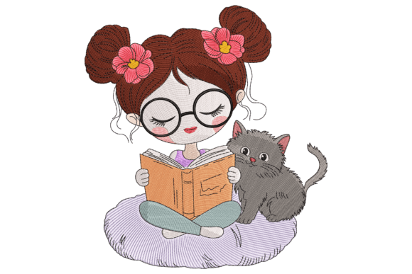 Book Girl with Cat: A Charming Touch for Personalized Embroidery
